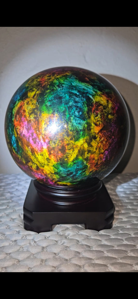 🌈 Seven-Colour Jade Sphere (6.2kg) – With Spinning Display Stand | Rare Taiwan Rainbow Jade