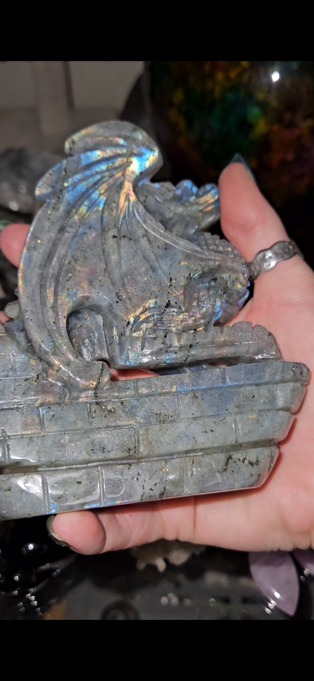Flashy Labradorite Dragon Carving – Mystical Crystal Dragon Statue