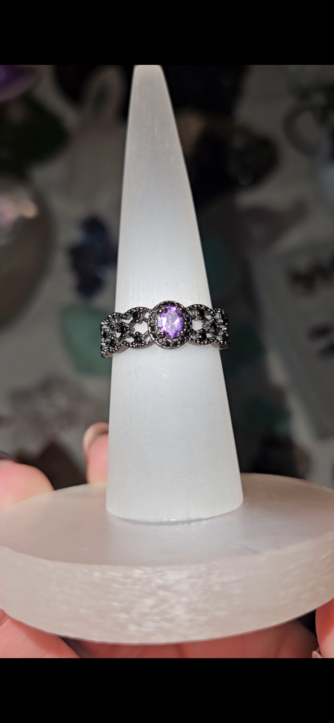 Amethyst Gunmetal Sterling Silver 925 Adjustable Size Ring