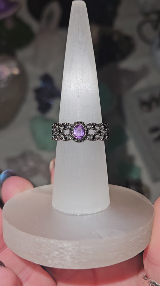 Amethyst Gunmetal Sterling Silver 925 Adjustable Size Ring