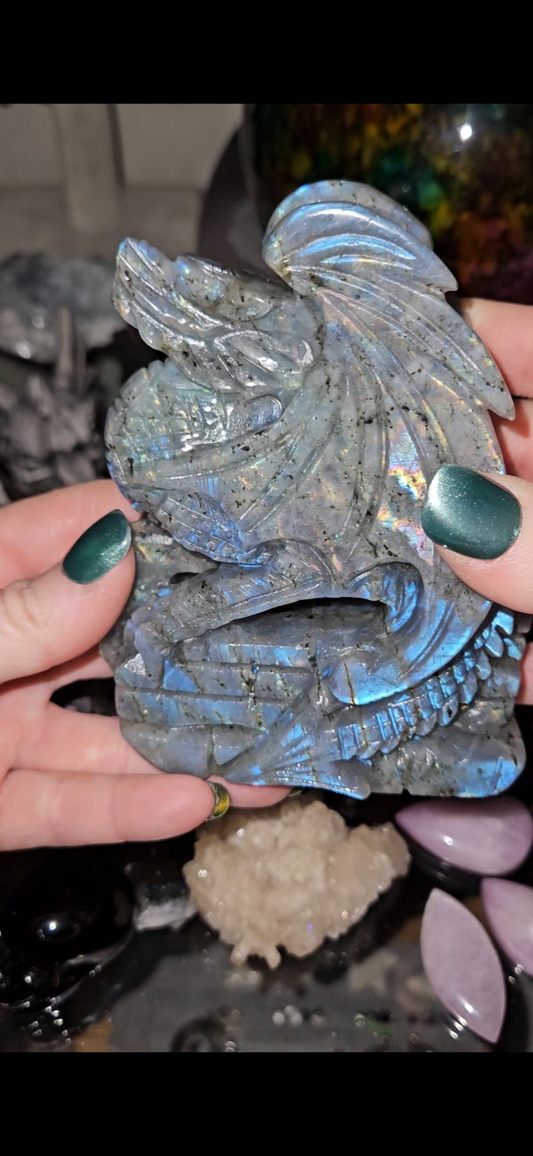 Flashy Labradorite Dragon Carving – Mystical Crystal Dragon Statue