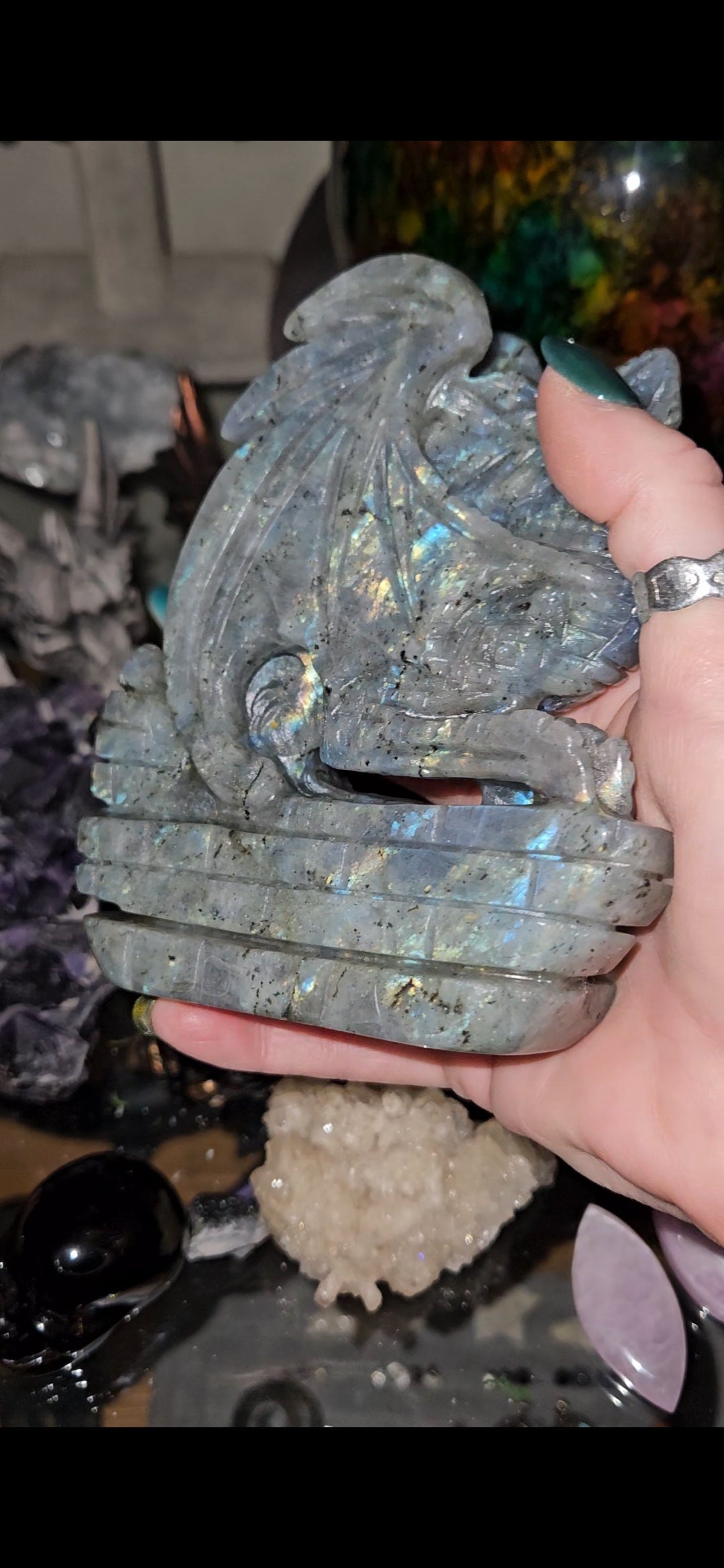 Flashy Labradorite Dragon Carving – Mystical Crystal Dragon Statue