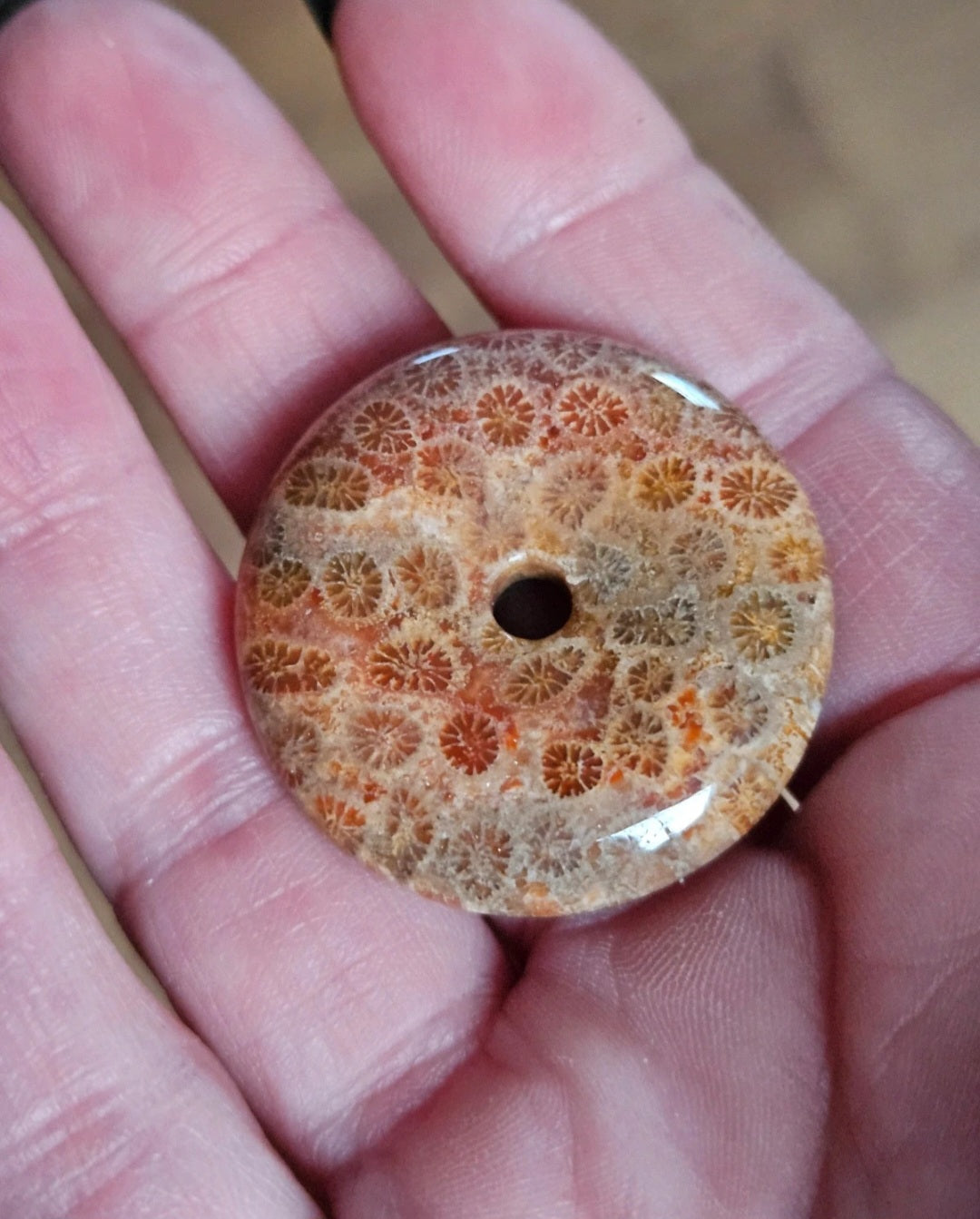 Natural Fossil Coral Jasper Donut Pendant – Autumn Orange Polished Gemstone Pi Disc