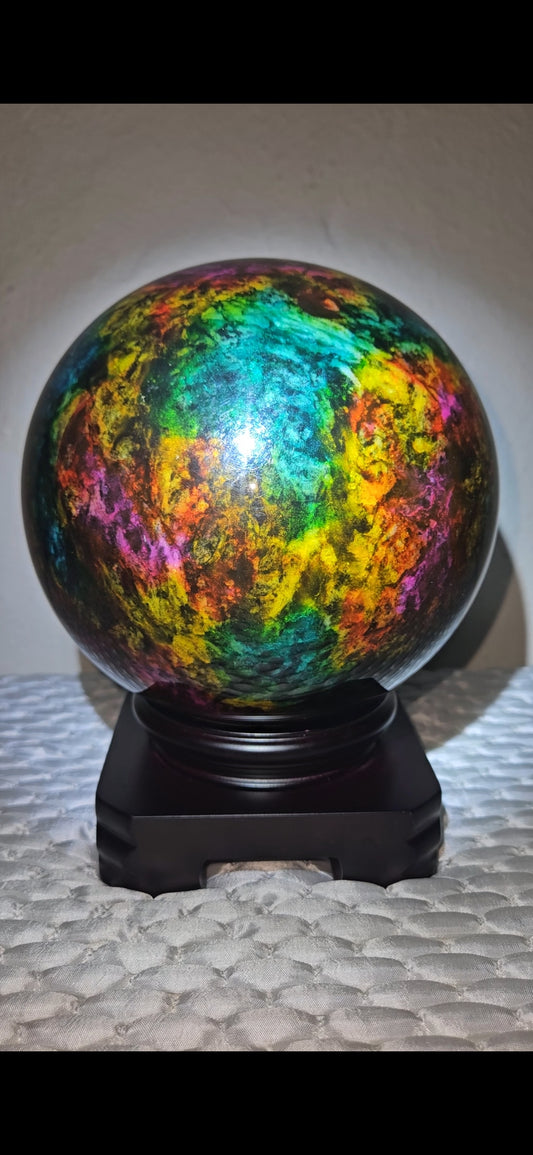 🌈 Seven-Colour Jade Sphere (6.2kg) – With Spinning Display Stand | Rare Taiwan Rainbow Jade