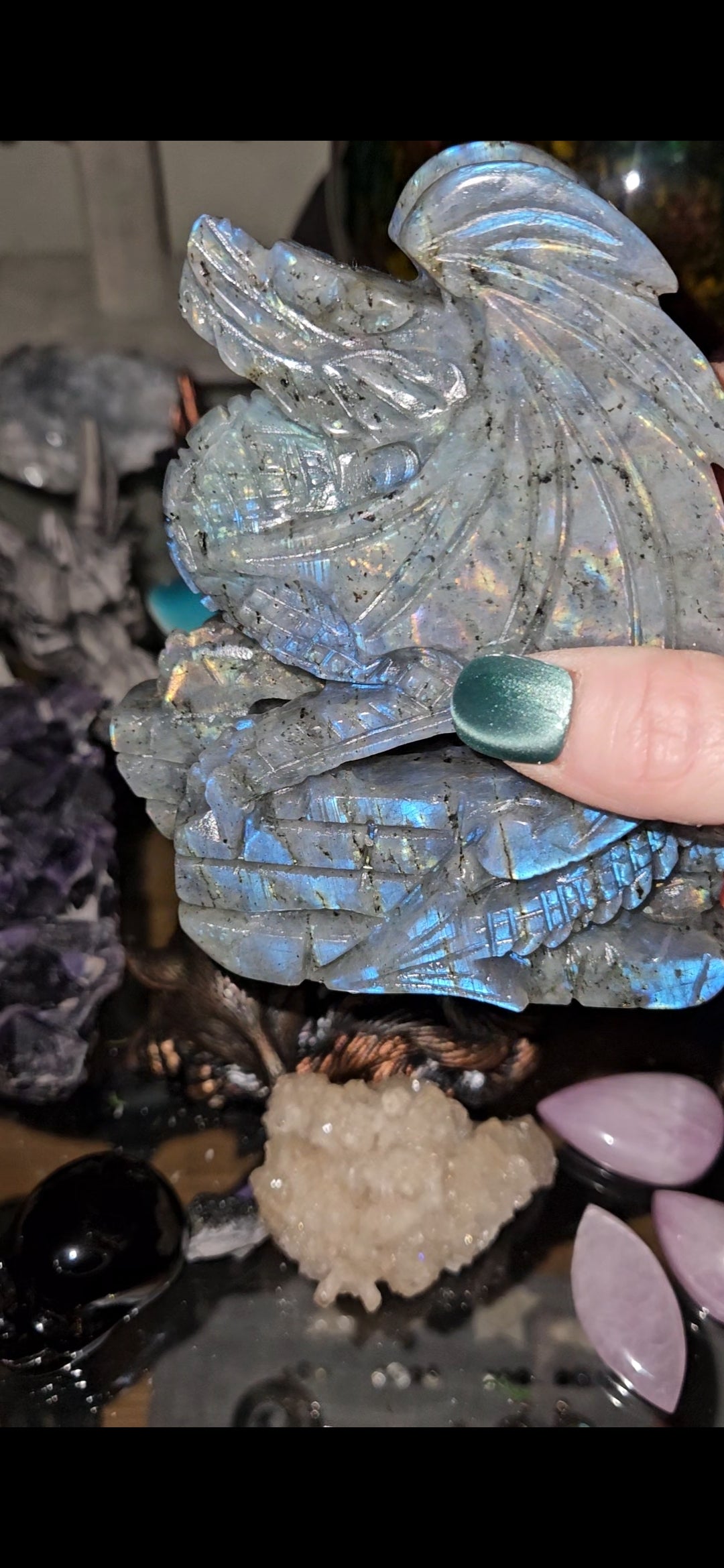 Flashy Labradorite Dragon Carving – Mystical Crystal Dragon Statue