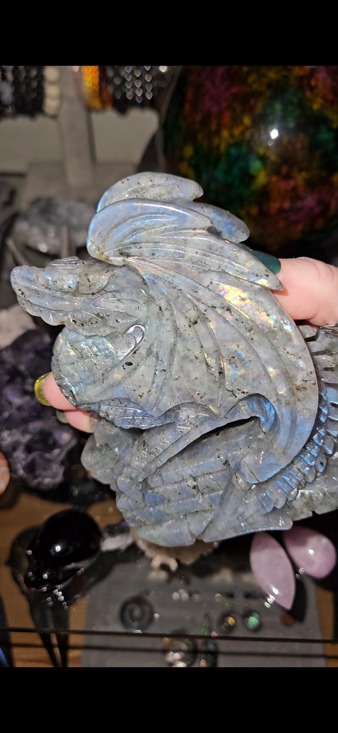 Flashy Labradorite Dragon Carving – Mystical Crystal Dragon Statue