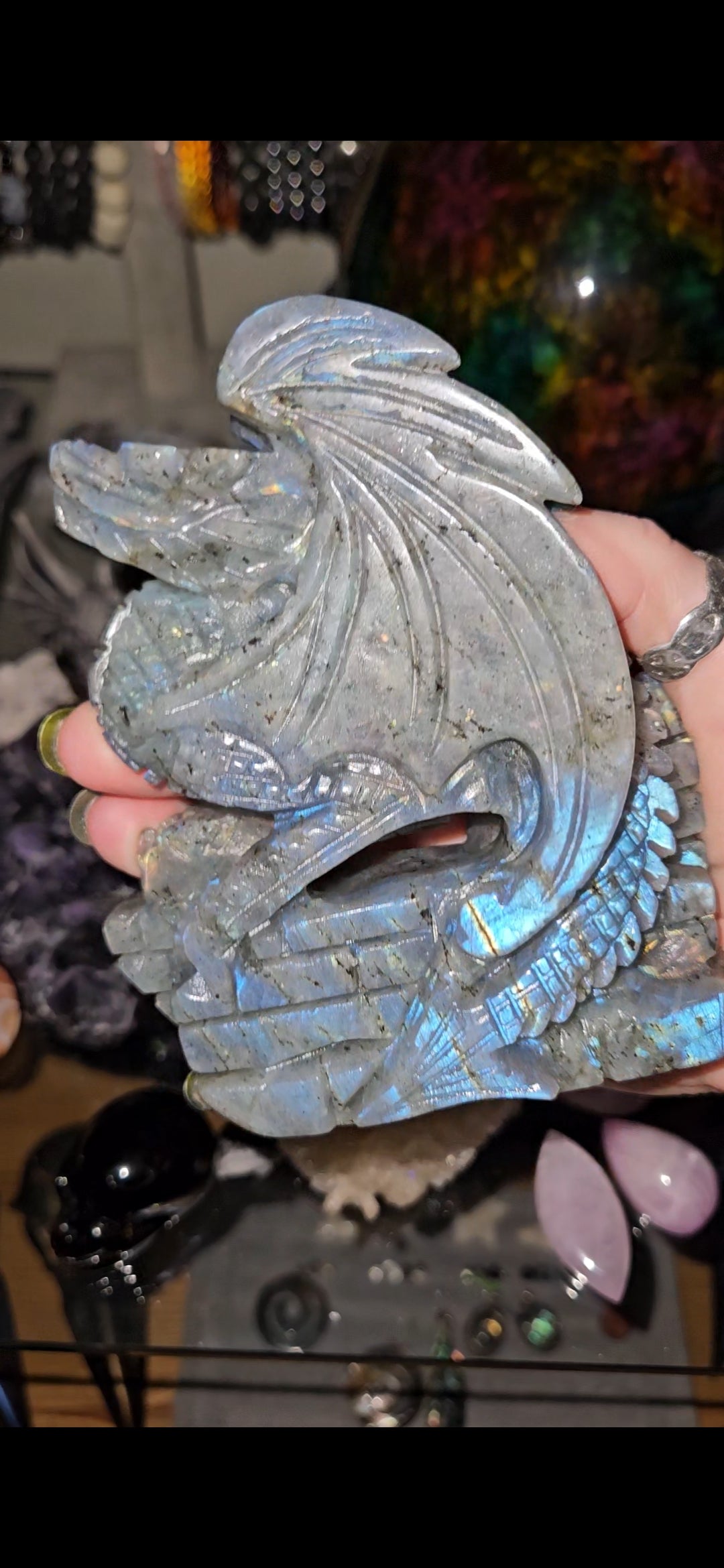 Flashy Labradorite Dragon Carving – Mystical Crystal Dragon Statue