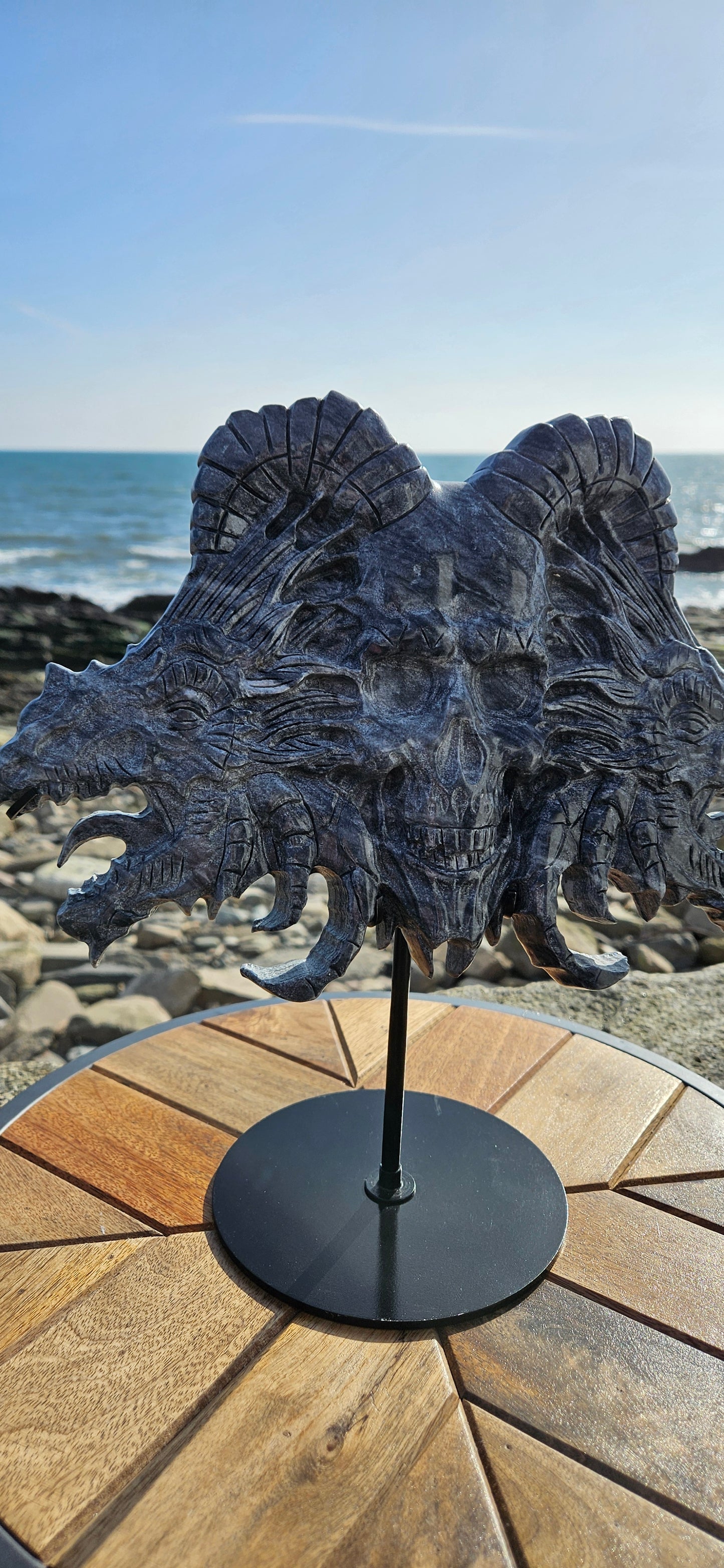 Large Dark Jade Skull And Dragons Carving