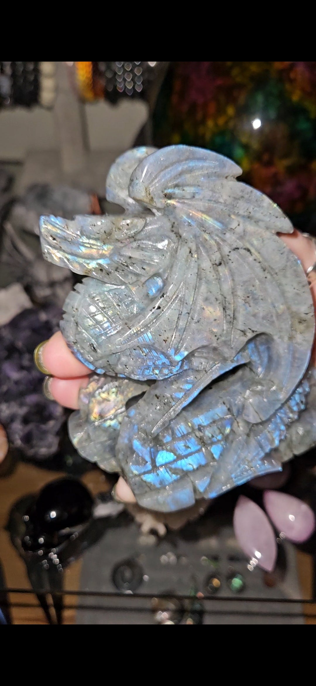 Flashy Labradorite Dragon Carving – Mystical Crystal Dragon Statue