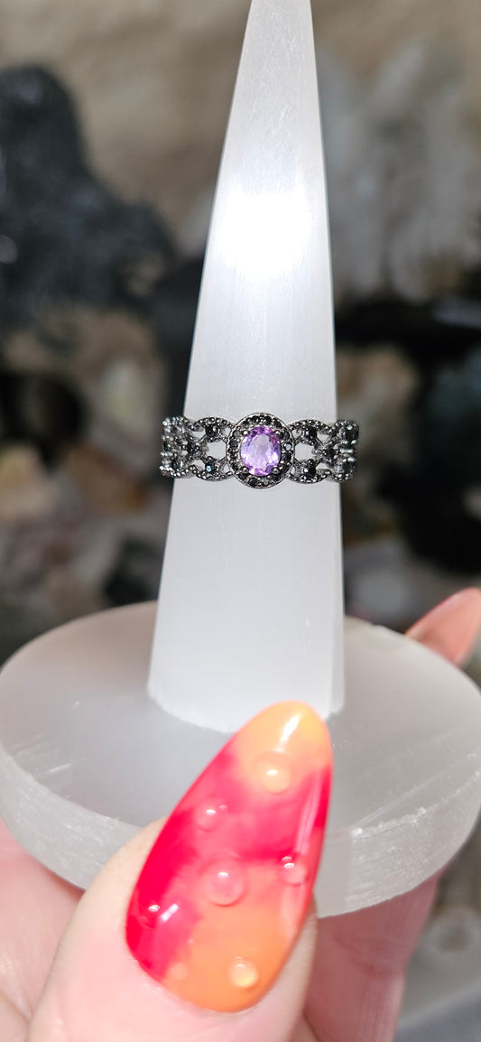 Amethyst Gunmetal Sterling Silver 925 Adjustable Size Ring