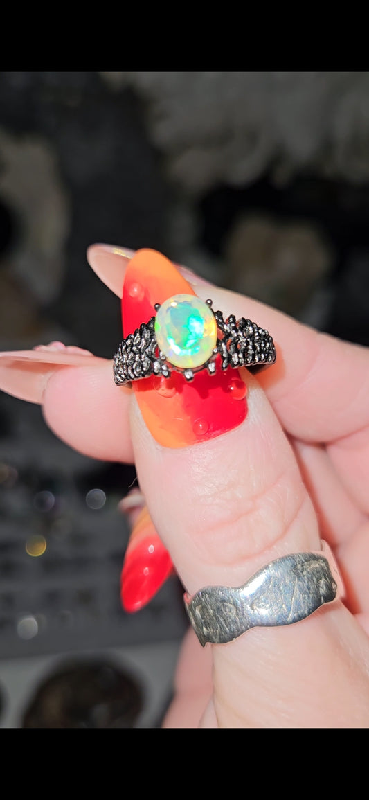 Opal Gunmetal Sterling Silver 925 Adjustable Size Ring