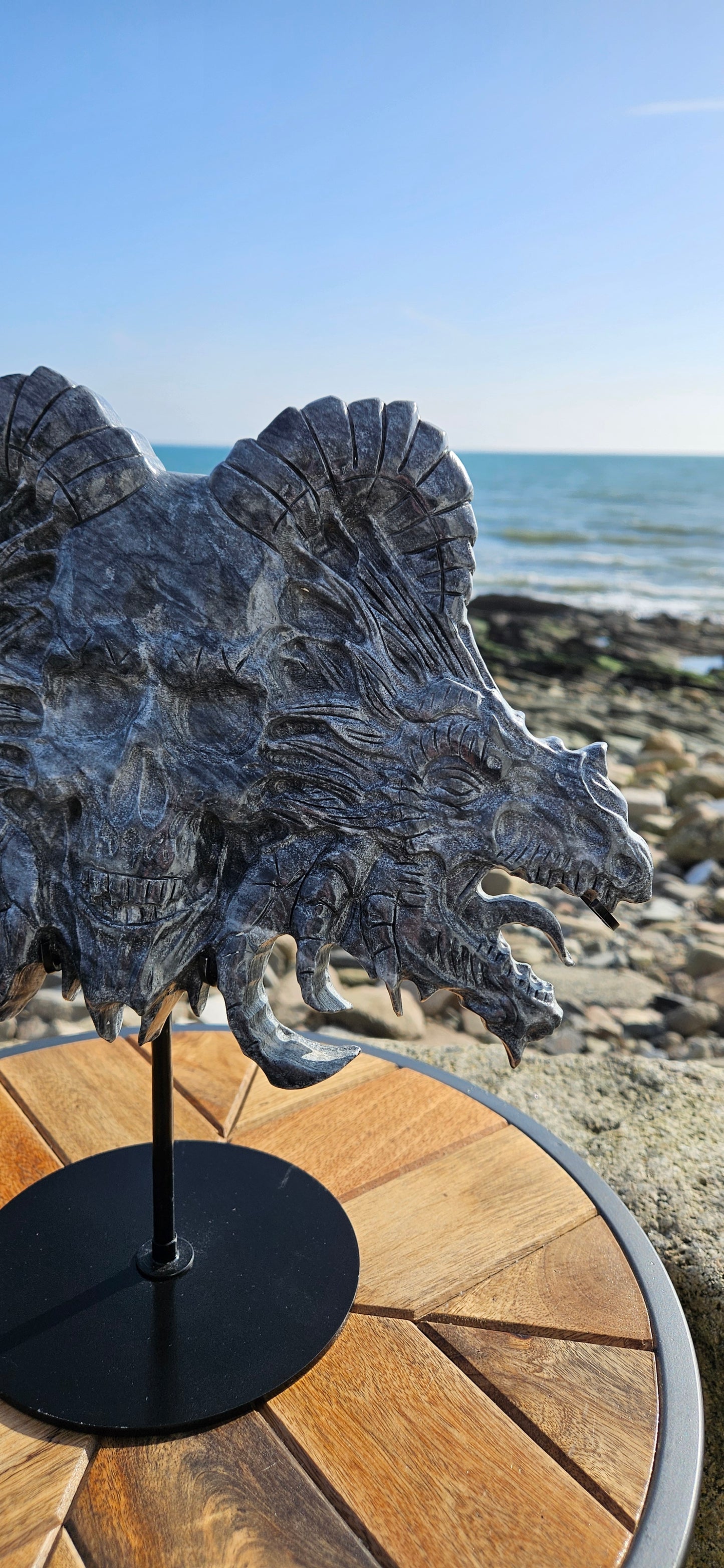 Large Dark Jade Skull And Dragons Carving