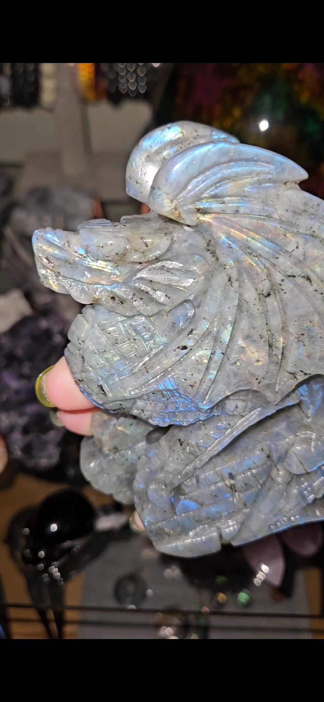 Flashy Labradorite Dragon Carving – Mystical Crystal Dragon Statue