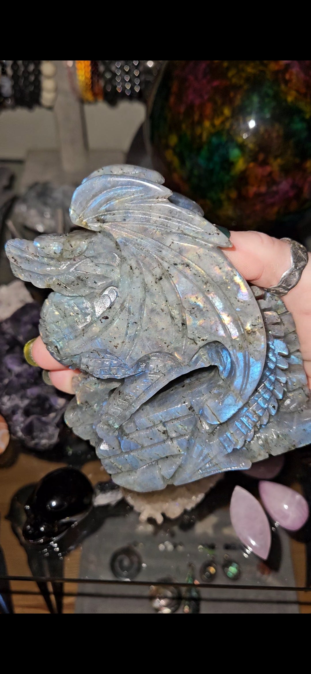 Flashy Labradorite Dragon Carving – Mystical Crystal Dragon Statue