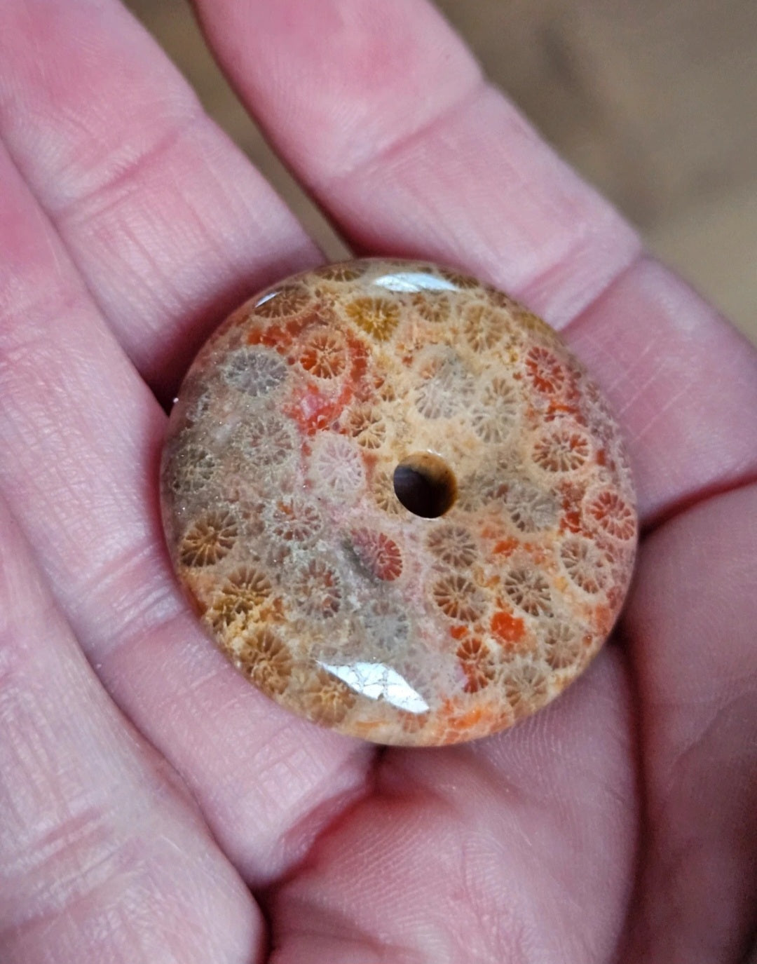 Natural Fossil Coral Jasper Donut Pendant – Autumn Orange Polished Gemstone Pi Disc