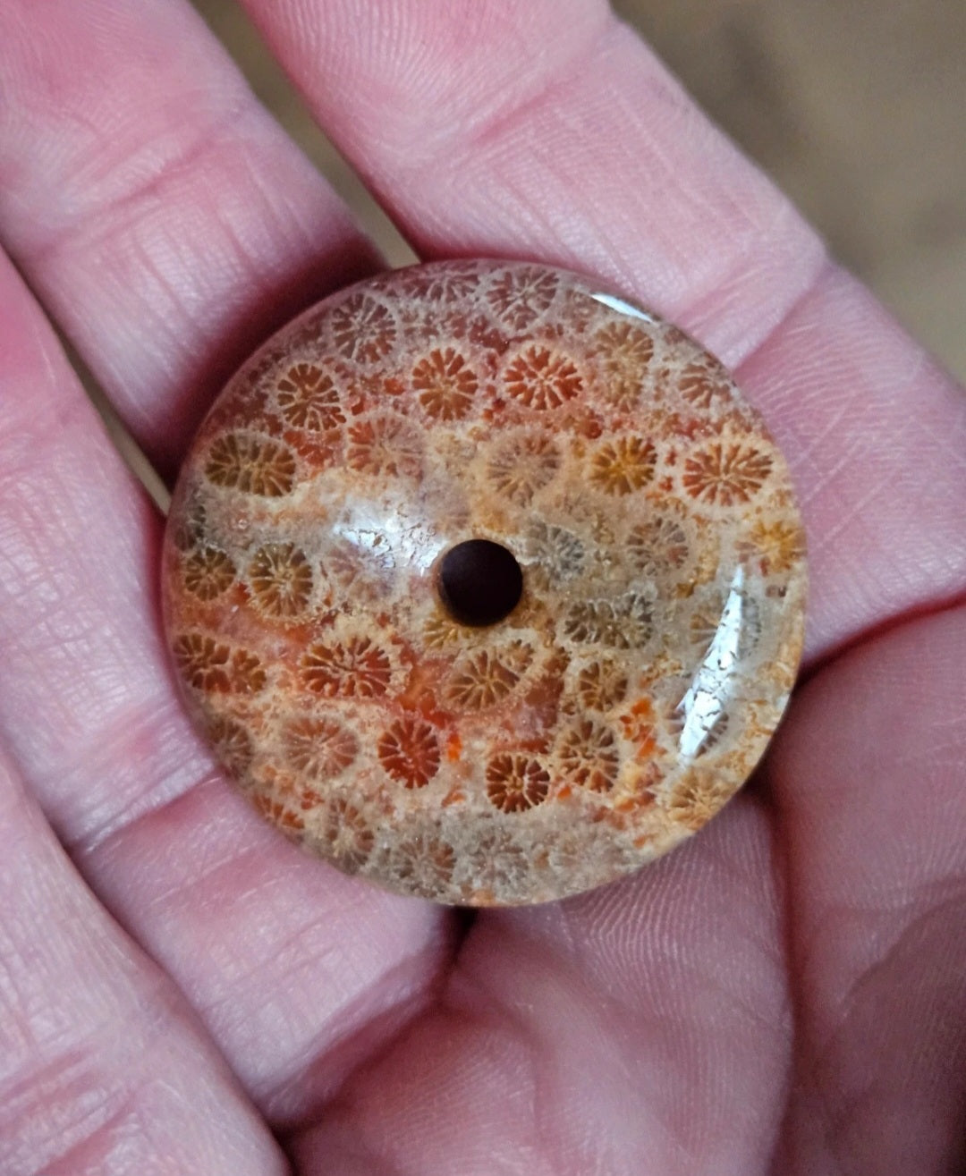 Natural Fossil Coral Jasper Donut Pendant – Autumn Orange Polished Gemstone Pi Disc