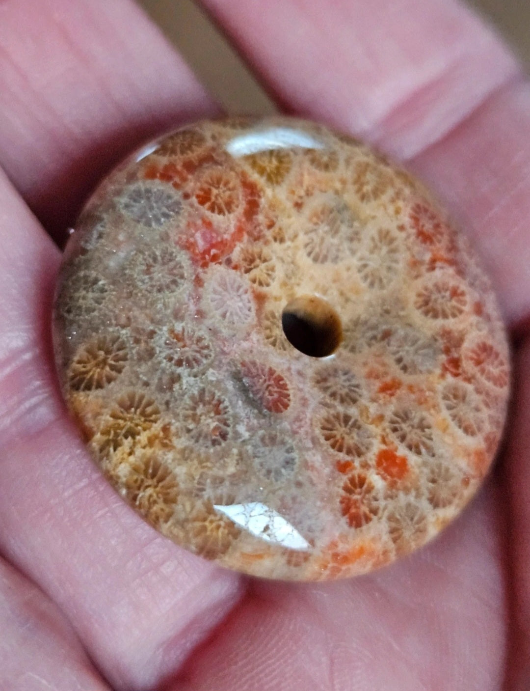 Natural Fossil Coral Jasper Donut Pendant – Autumn Orange Polished Gemstone Pi Disc