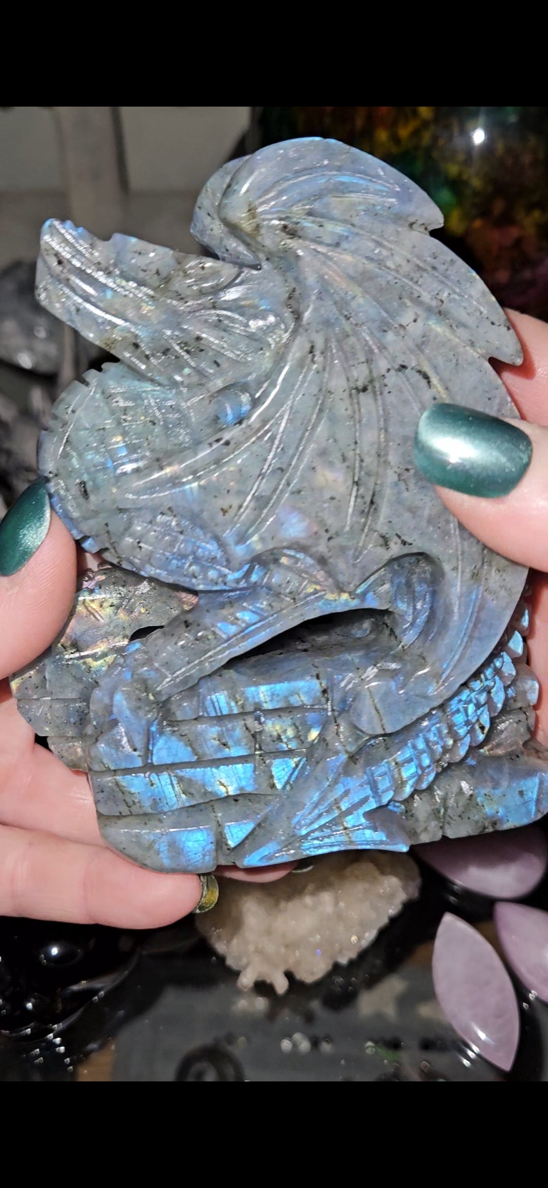 Flashy Labradorite Dragon Carving – Mystical Crystal Dragon Statue