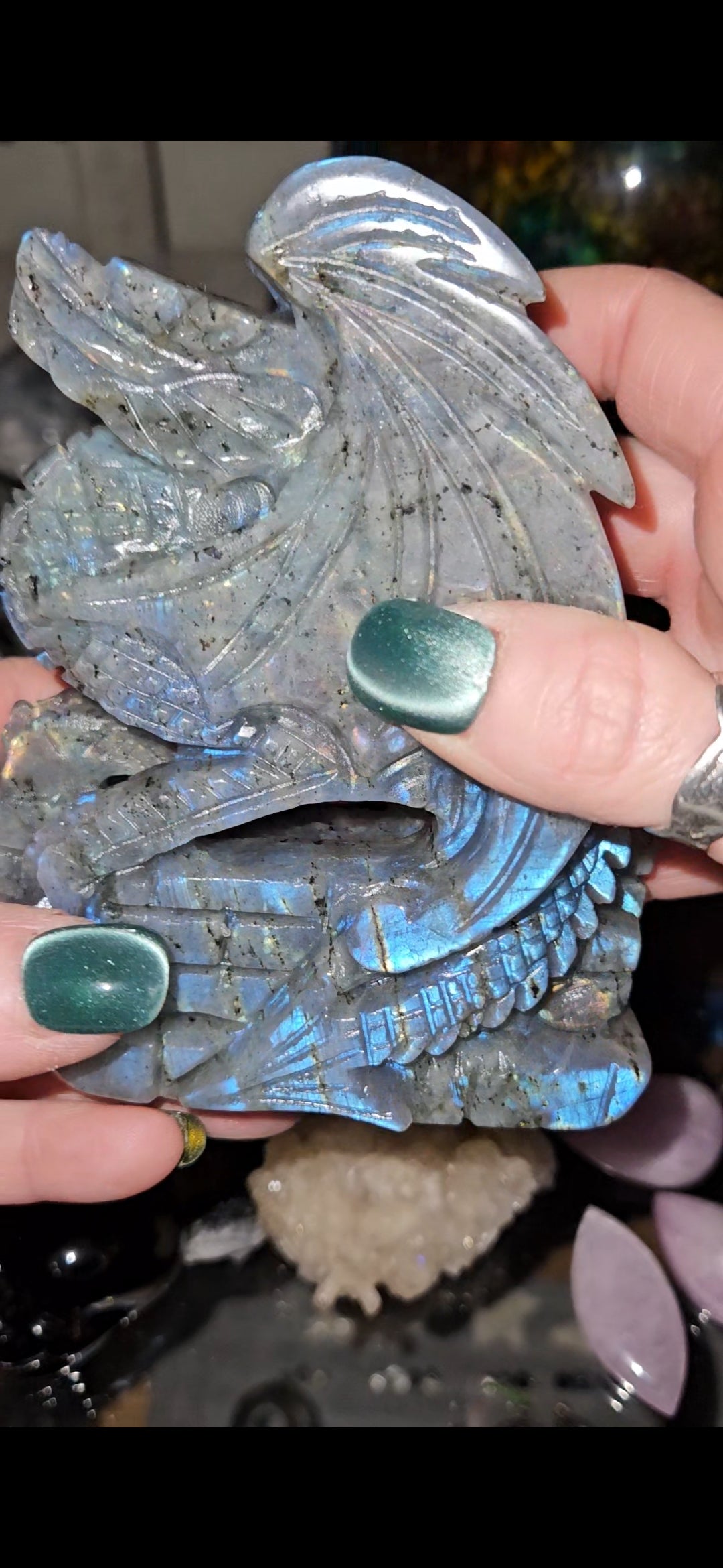 Flashy Labradorite Dragon Carving – Mystical Crystal Dragon Statue