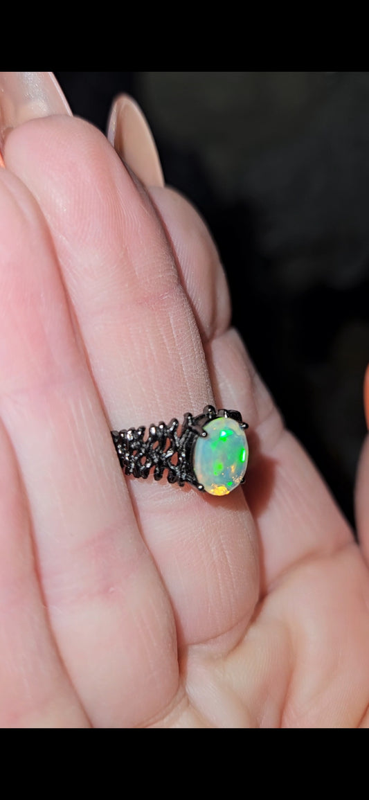 Opal Gunmetal Sterling Silver 925 Adjustable Size Ring