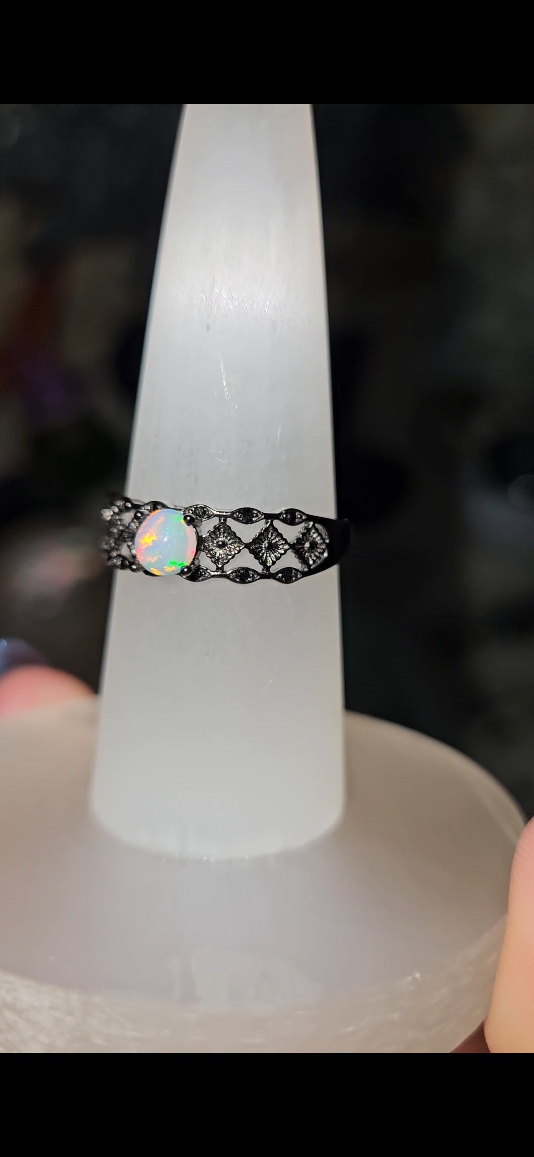 Opal Gunmetal Band Sterling Silver 925 Adjustable Size Ring