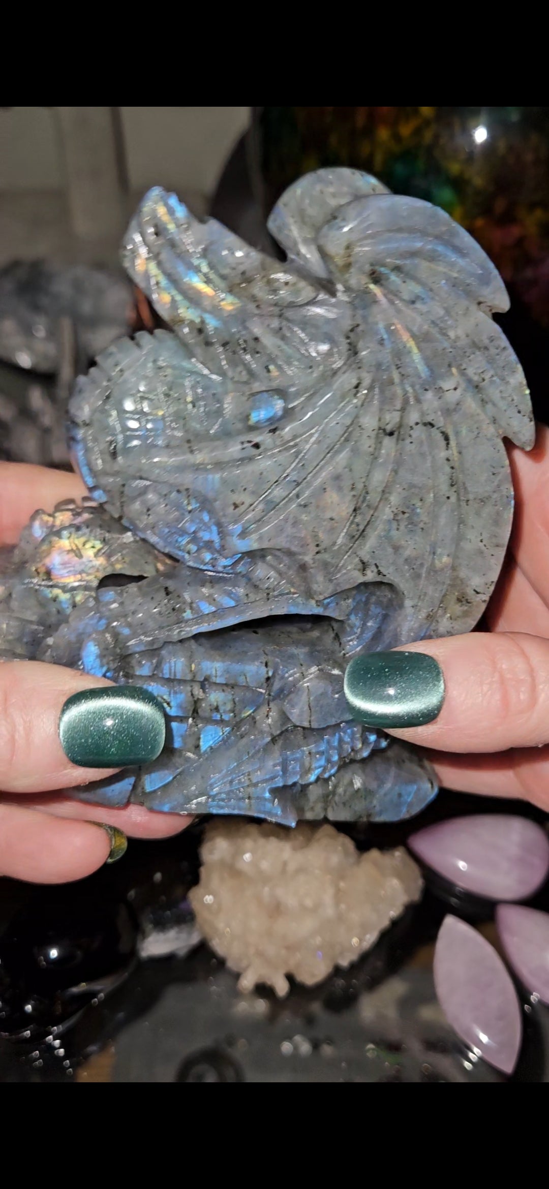 Flashy Labradorite Dragon Carving – Mystical Crystal Dragon Statue