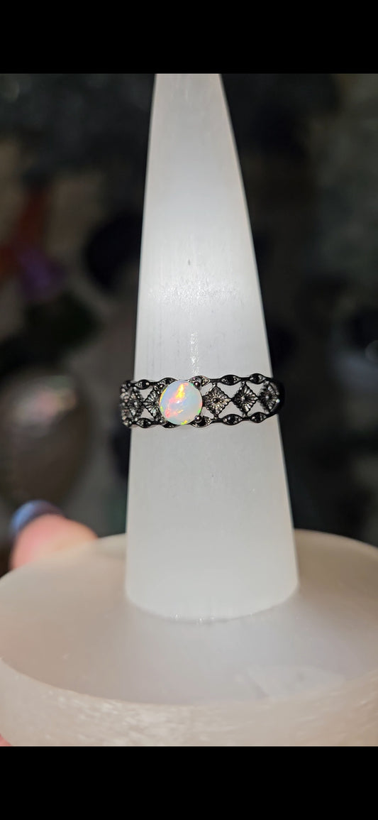 Opal Gunmetal Band Sterling Silver 925 Adjustable Size Ring